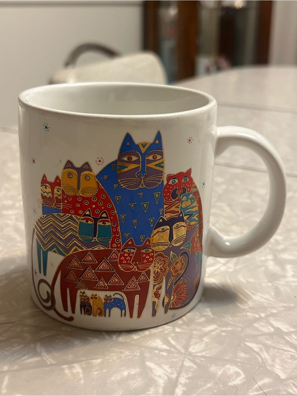 Laurel Burch Colorful Folk Art Cats Ceramic Mug - Blue Red Yellow